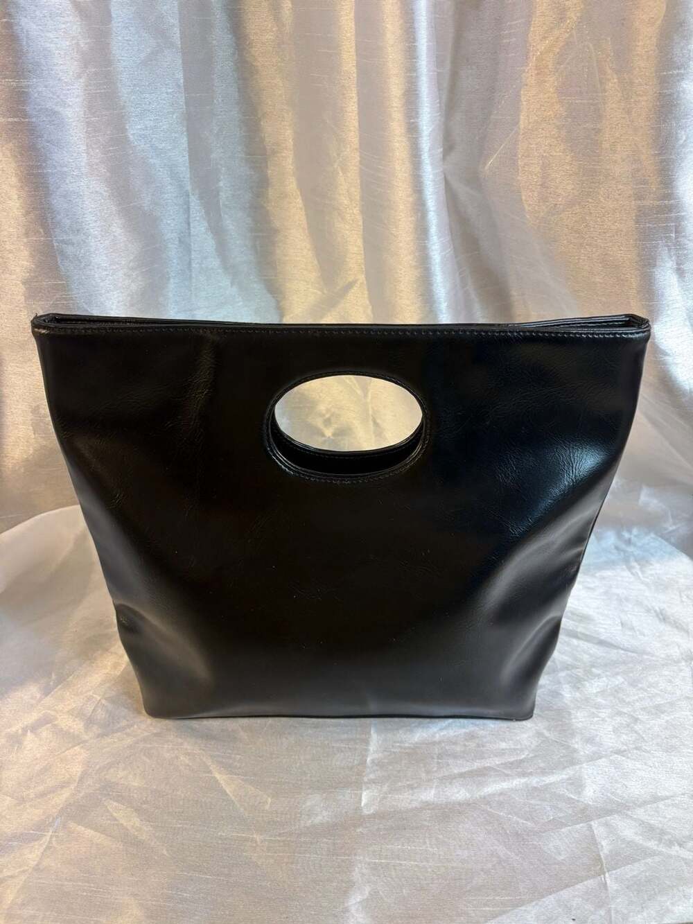 Black Faux Leather Ring Handle Tote Bag